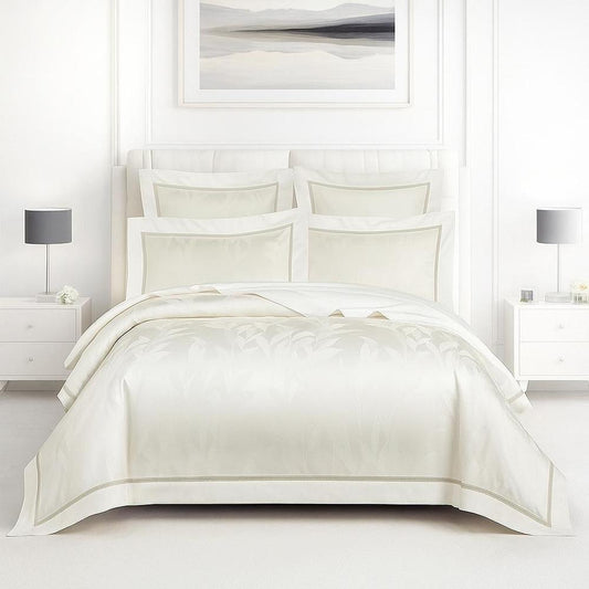 Elegant Jacquard Bedding Set with Leaf Motif and Lace Trim - Ivory