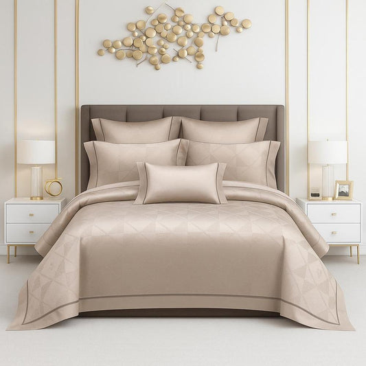 Elegant Jacquard Bedding Set with Satin Border and Lace Trim, Soft Taupe