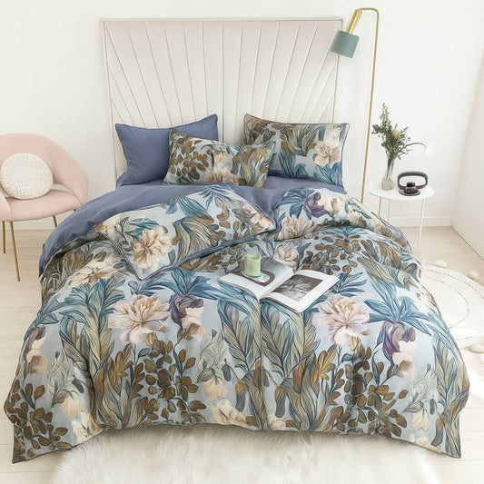 Luxurious Egyptian Cotton Bedding Set - Botanical Duvet Covers with Reversible Design