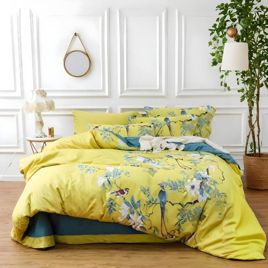 Luxurious Egyptian Cotton Duvet Cover - Mustard Yellow Bird Design, 500 Thread Count