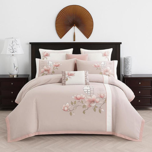 Sakura - 4-Piece Egyptian Cotton Duvet Cover Set with Elegant Embroidery