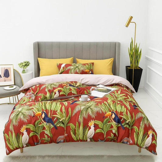Tucano Red - Exotic Tropical Bedding Set with Smooth Egyptian Cotton Duvet Cover